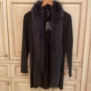 C By Bloomingdales cashmere fox fur trim long sleeve cardigan.